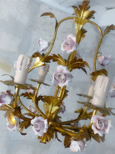 Load image into Gallery viewer, Charming Gilt Vintage Italian Chandelier Toleware Porcelain Flowers Foliage Rose
