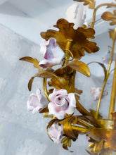 Load image into Gallery viewer, Charming Gilt Vintage Italian Chandelier Toleware Porcelain Flowers Foliage Rose
