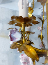 Load image into Gallery viewer, Charming Gilt Vintage Italian Chandelier Toleware Porcelain Flowers Foliage Rose
