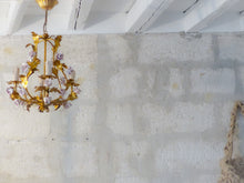 Load image into Gallery viewer, Charming Gilt Vintage Italian Chandelier Toleware Porcelain Flowers Foliage Rose
