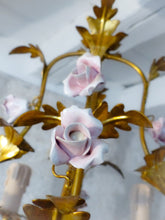 Load image into Gallery viewer, Charming Gilt Vintage Italian Chandelier Toleware Porcelain Flowers Foliage Rose
