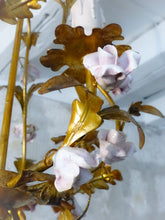 Load image into Gallery viewer, Charming Gilt Vintage Italian Chandelier Toleware Porcelain Flowers Foliage Rose
