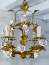 Load image into Gallery viewer, Charming Gilt Vintage Italian Chandelier Toleware Porcelain Flowers Foliage Rose
