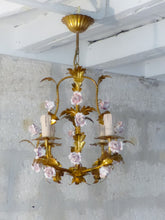 Load image into Gallery viewer, Charming Gilt Vintage Italian Chandelier Toleware Porcelain Flowers Foliage Rose
