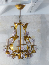 Load image into Gallery viewer, Charming Gilt Vintage Italian Chandelier Toleware Porcelain Flowers Foliage Rose
