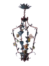 Load image into Gallery viewer, Rare French Antique Louis XVI Lantern Chandelier Porcelain Flowers Foliage 1930

