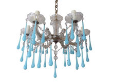 Load image into Gallery viewer, 1950 Vintage Venetian Chandelier Aqua Blue Opaline Drops MURANO 6 lights Ceiling
