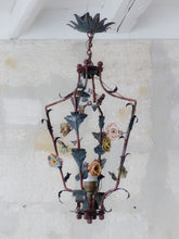 Load image into Gallery viewer, Rare French Antique Louis XVI Lantern Chandelier Porcelain Flowers Foliage 1930
