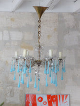 Load image into Gallery viewer, 1950 Vintage Venetian Chandelier Aqua Blue Opaline Drops MURANO 6 lights Ceiling
