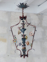 Load image into Gallery viewer, Rare French Antique Louis XVI Lantern Chandelier Porcelain Flowers Foliage 1930
