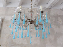 Load image into Gallery viewer, 1950 Vintage Venetian Chandelier Aqua Blue Opaline Drops MURANO 6 lights Ceiling
