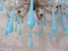 Load image into Gallery viewer, 1950 Vintage Venetian Chandelier Aqua Blue Opaline Drops MURANO 6 lights Ceiling
