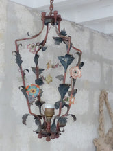 Load image into Gallery viewer, Rare French Antique Louis XVI Lantern Chandelier Porcelain Flowers Foliage 1930
