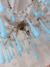 Load image into Gallery viewer, 1950 Vintage Venetian Chandelier Aqua Blue Opaline Drops MURANO 6 lights Ceiling
