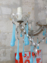 Load image into Gallery viewer, 1950 Vintage Venetian Chandelier Aqua Blue Opaline Drops MURANO 6 lights Ceiling
