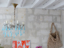 Load image into Gallery viewer, 1950 Vintage Venetian Chandelier Aqua Blue Opaline Drops MURANO 6 lights Ceiling

