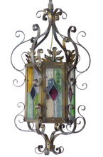 Load image into Gallery viewer, Large Antique French Lantern Gothic Castle Brass 1870 Chandelier Stained Glass
