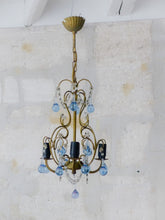 Load image into Gallery viewer, Vintage Chandelier Deep Blue Drops Glass Prisms Beads Italian Gilded 1950
