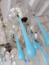 Load image into Gallery viewer, 1950 Vintage Venetian Chandelier Aqua Blue Opaline Drops MURANO 6 lights Ceiling
