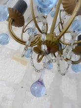 Load image into Gallery viewer, Vintage Chandelier Deep Blue Drops Glass Prisms Beads Italian Gilded 1950
