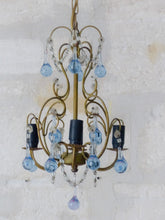 Load image into Gallery viewer, Vintage Chandelier Deep Blue Drops Glass Prisms Beads Italian Gilded 1950
