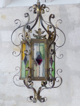 Load image into Gallery viewer, Large Antique French Lantern Gothic Castle Brass 1870 Chandelier Stained Glass
