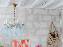 Load image into Gallery viewer, 1950 Vintage Venetian Chandelier Aqua Blue Opaline Drops MURANO 6 lights Ceiling
