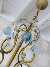 Load image into Gallery viewer, Vintage Chandelier Deep Blue Drops Glass Prisms Beads Italian Gilded 1950
