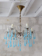 Load image into Gallery viewer, 1950 Vintage Venetian Chandelier Aqua Blue Opaline Drops MURANO 6 lights Ceiling
