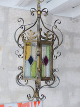 Load image into Gallery viewer, Large Antique French Lantern Gothic Castle Brass 1870 Chandelier Stained Glass

