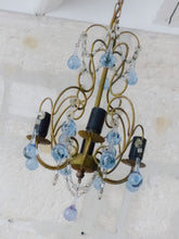 Load image into Gallery viewer, Vintage Chandelier Deep Blue Drops Glass Prisms Beads Italian Gilded 1950
