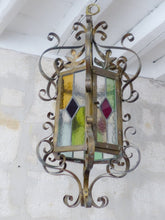 Load image into Gallery viewer, Large Antique French Lantern Gothic Castle Brass 1870 Chandelier Stained Glass
