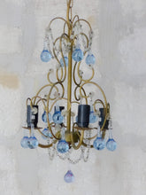 Load image into Gallery viewer, Vintage Chandelier Deep Blue Drops Glass Prisms Beads Italian Gilded 1950
