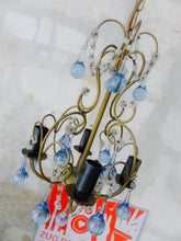 Load image into Gallery viewer, Vintage Chandelier Deep Blue Drops Glass Prisms Beads Italian Gilded 1950
