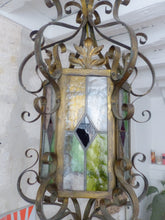 Load image into Gallery viewer, Large Antique French Lantern Gothic Castle Brass 1870 Chandelier Stained Glass
