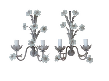 Load image into Gallery viewer, MURANO 1980 Vintage PAIR Wall Light White Opaline Drops Flowers Bead Chandelier
