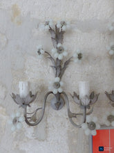 Load image into Gallery viewer, MURANO 1980 Vintage PAIR Wall Light White Opaline Drops Flowers Bead Chandelier
