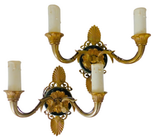 Load image into Gallery viewer, Antique PAIR French Empire Wall Light Sconce 2 Lights Palm Gilded Bronze 1930
