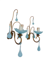 Load image into Gallery viewer, 1930 MURANO Antique PAIR Wall Light Aqua Blue Opaline Drops Cup Bead Sconce rare
