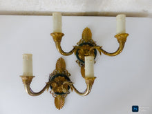 Load image into Gallery viewer, Antique PAIR French Empire Wall Light Sconce 2 Lights Palm Gilded Bronze 1930
