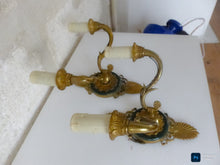 Load image into Gallery viewer, Antique PAIR French Empire Wall Light Sconce 2 Lights Palm Gilded Bronze 1930

