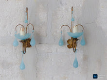 Load image into Gallery viewer, 1930 MURANO Antique PAIR Wall Light Aqua Blue Opaline Drops Cup Bead Sconce rare
