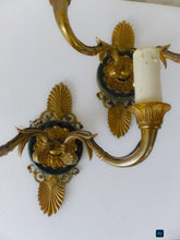 Load image into Gallery viewer, Antique PAIR French Empire Wall Light Sconce 2 Lights Palm Gilded Bronze 1930
