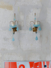 Load image into Gallery viewer, 1930 MURANO Antique PAIR Wall Light Aqua Blue Opaline Drops Cup Bead Sconce rare
