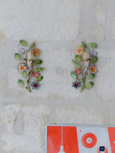 Load image into Gallery viewer, Charming Florentine PAIR Wall Light Enameled Metal Tole Flowers 1960 Italian
