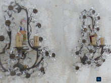 Load image into Gallery viewer, Gorgeous Antique PAIR Wall Light Clear Prisms Flowers Sconces Porcelain Figurine
