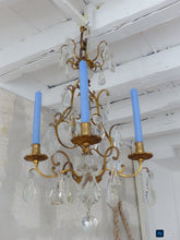 Load image into Gallery viewer, 19TH Antique French Brass Candlestick Chandelier Ceiling Lyre Louis XVI Crystal
