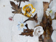Load image into Gallery viewer, 20" Antique Pair Wall Light Sconces Gilded Tole 1930 Porcelain Flowers Foliage
