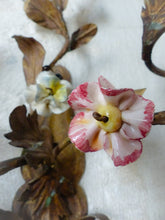 Load image into Gallery viewer, 20" Antique Pair Wall Light Sconces Gilded Tole 1930 Porcelain Flowers Foliage
