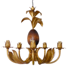 Load image into Gallery viewer, Gorgeous Large Pineapple Palm Leaf Italian Gilt Tole Chandelier 1970's Ceiling
